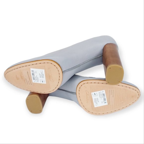 NEW Clarks Grace Eva Leather Comfort Heels Size 8.5M Grey Blue Block Heel - Picture 9 of 11